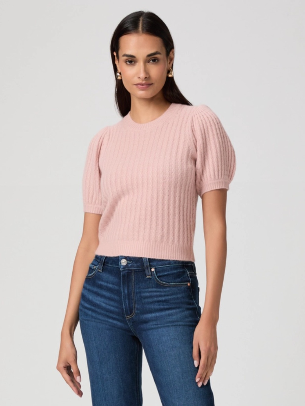 Anthropologie PAIGE Lucerne Cashmere Puff-Sleeve Sweater Tee in Blush Pink
